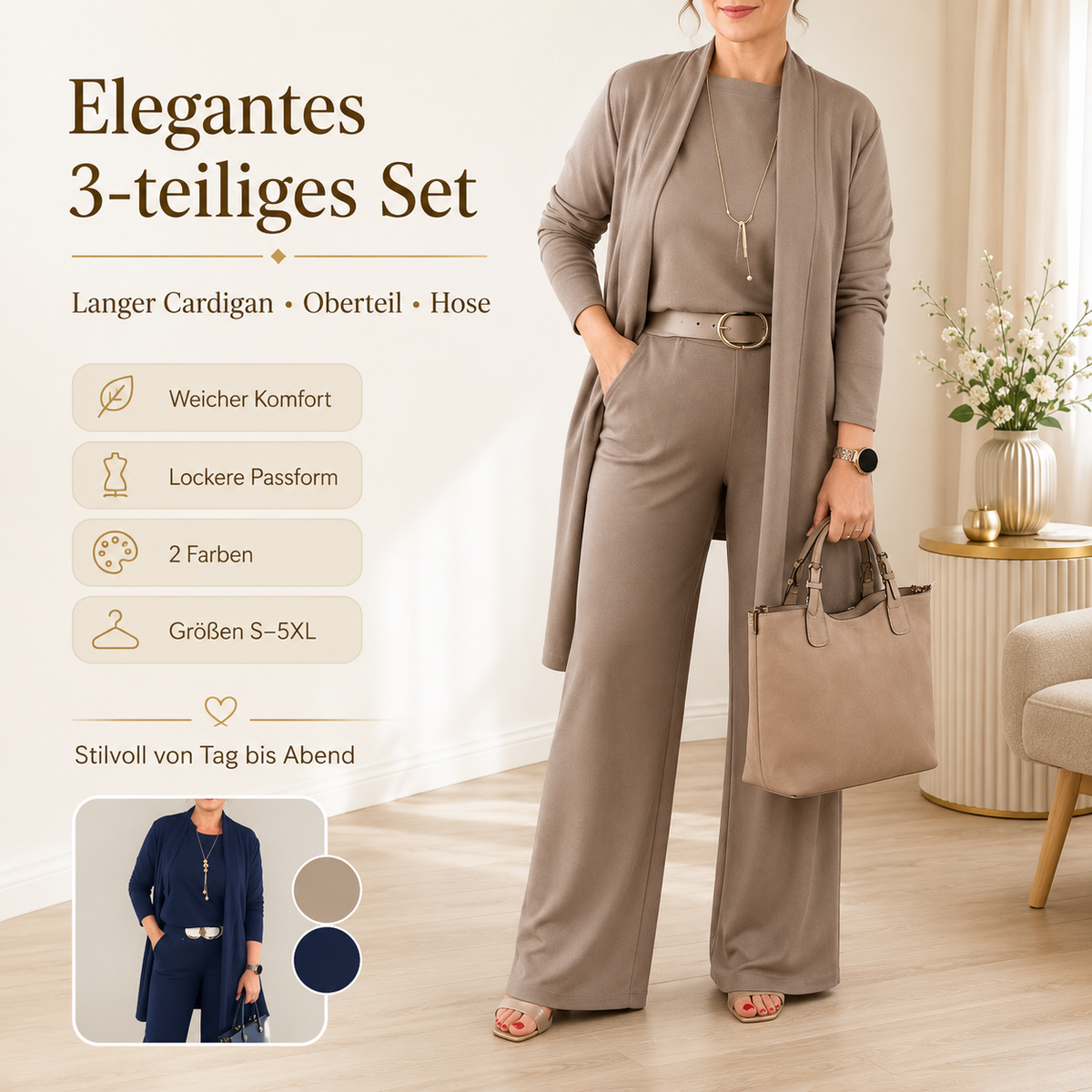 🧥 3-teiliges Set: Longline-Cardigan, Top & Hose