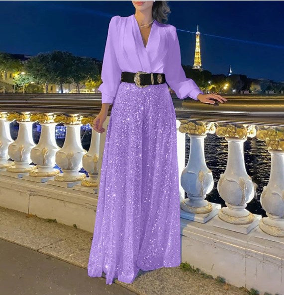 Bluză elegantă cu mânecă lungă și decolteu în V și pantaloni largi de salopetă cu paiete-7