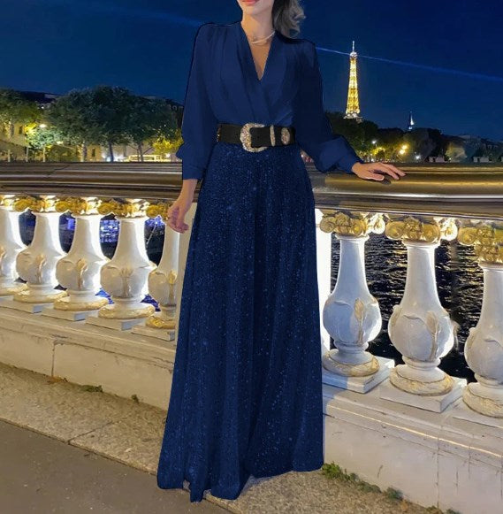 Bluză elegantă cu mânecă lungă și decolteu în V și pantaloni largi de salopetă cu paiete-9