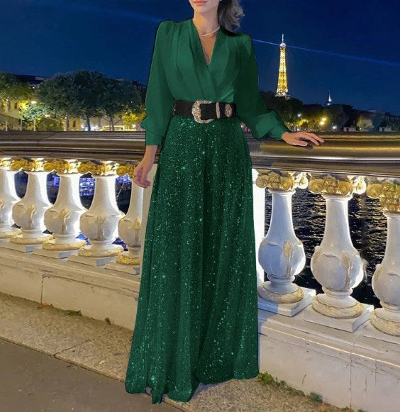 Bluză elegantă cu mânecă lungă și decolteu în V și pantaloni largi de salopetă cu paiete-1