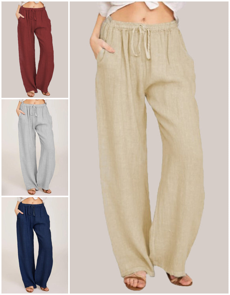 Pantaloni largi de vară din bumbac și in pentru femei-1
