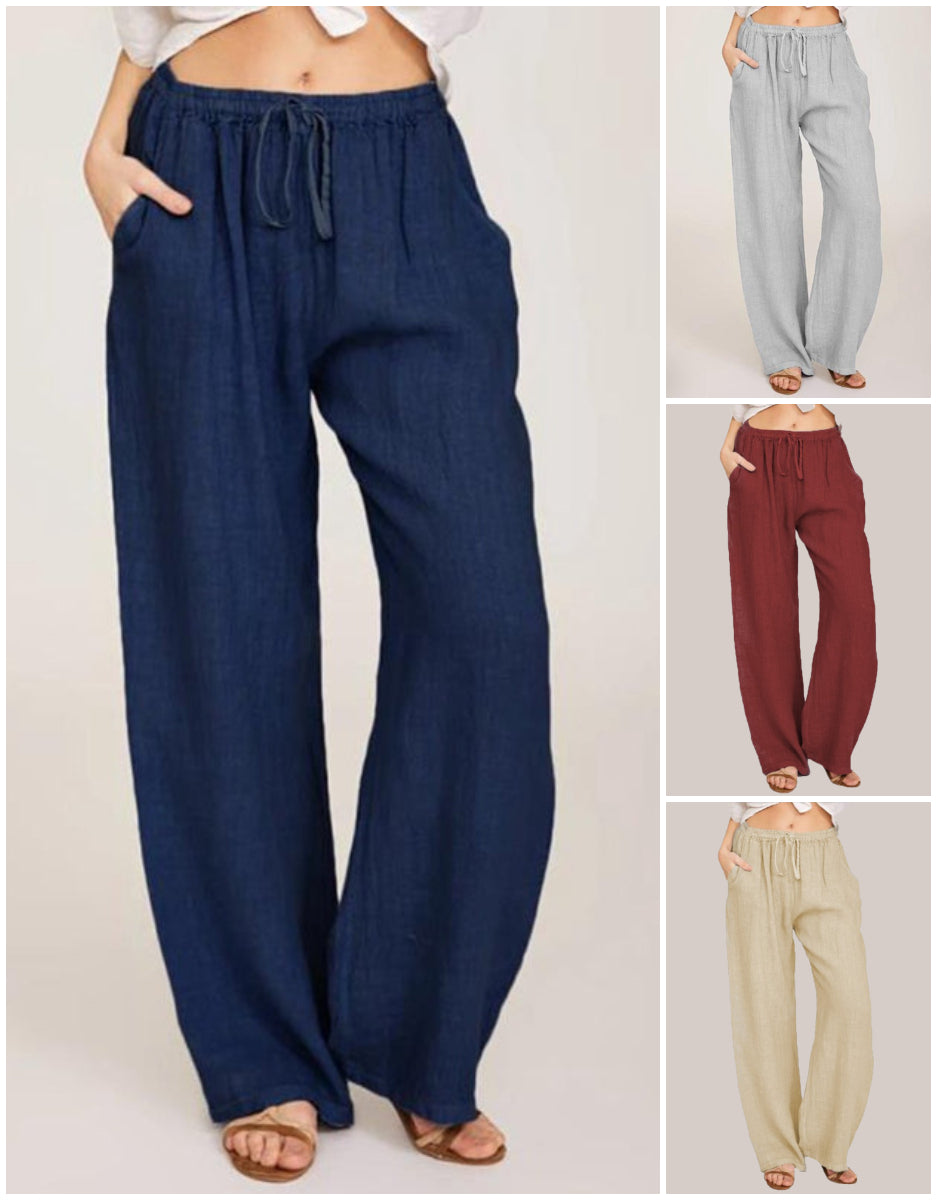 Pantaloni largi de vară din bumbac și in pentru femei