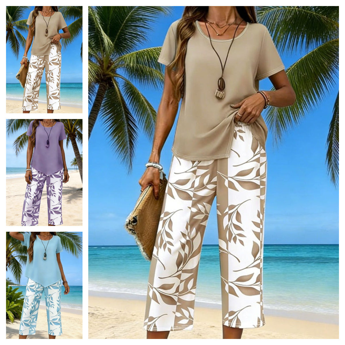 😍 Set de două piese pentru femei: bluză asimetrică și pantaloni trei sferturi-4