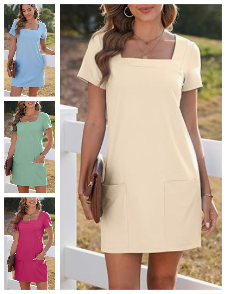 ⏳ Rochie casual pentru femei cu buzunar cu gât pătrat, cu mânecă scurtă și buzunare👗