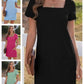 ⏳ Rochie casual pentru femei cu buzunar cu gât pătrat, cu mânecă scurtă și buzunare👗-1