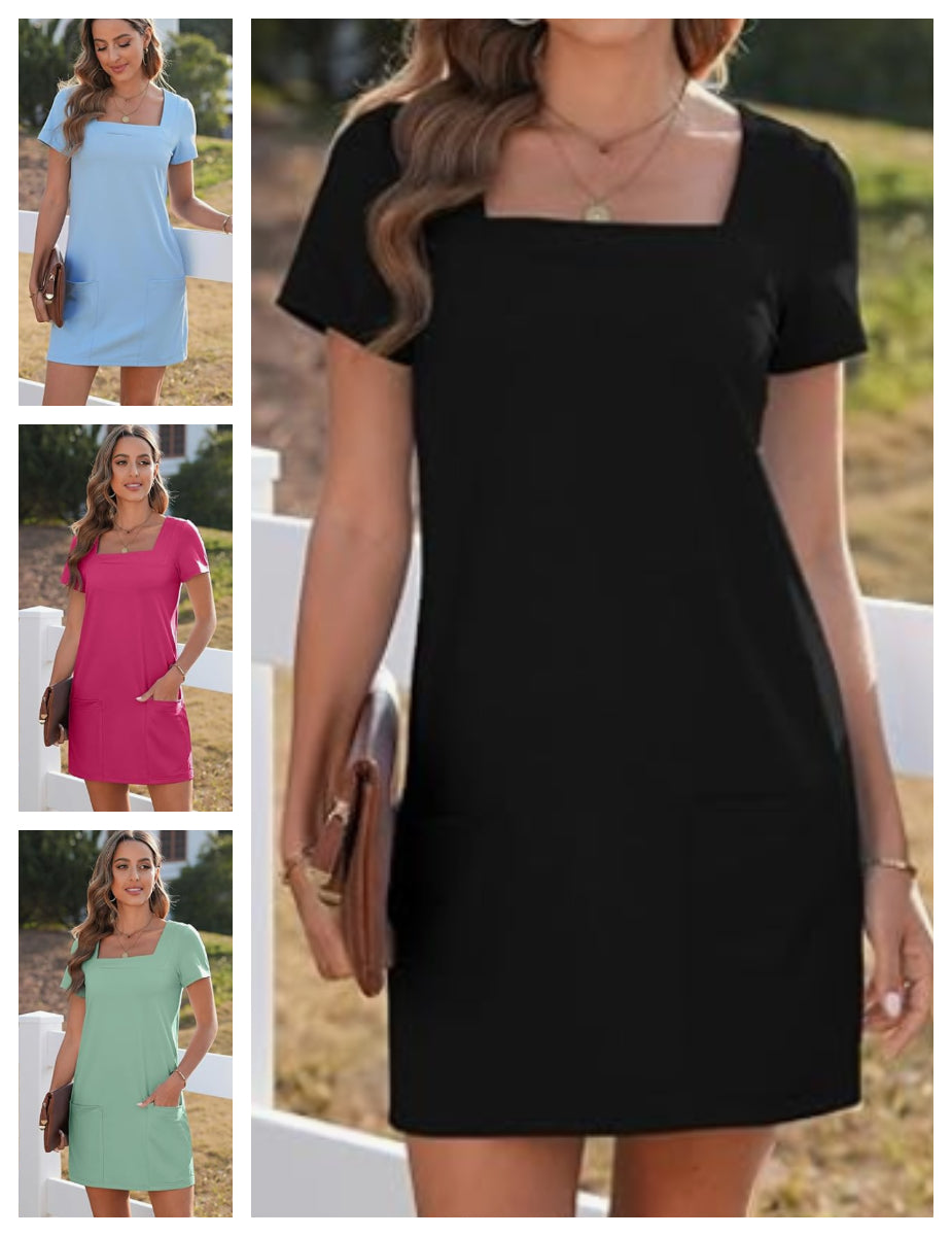 ⏳ Rochie casual pentru femei cu buzunar cu gât pătrat, cu mânecă scurtă și buzunare👗-1