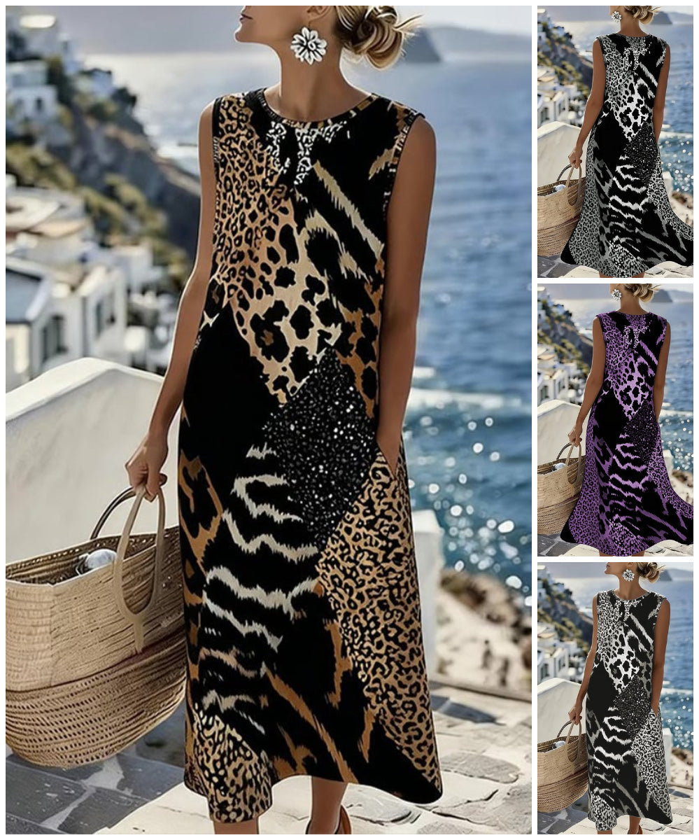 💐Rochie lungă fără mâneci, cu imprimeu leopard în stil patchwork