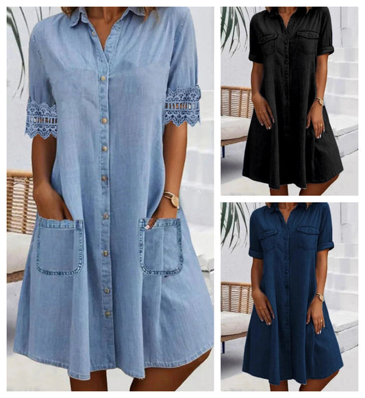 ⏳Rochie mini din denim albastră simplă, cu guler și tiv dantelă
