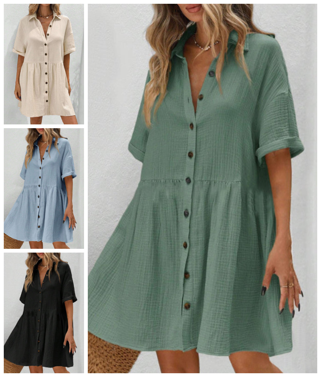Rochie midi cu guler de cămașă, mânecă scurtă și nasturi-1