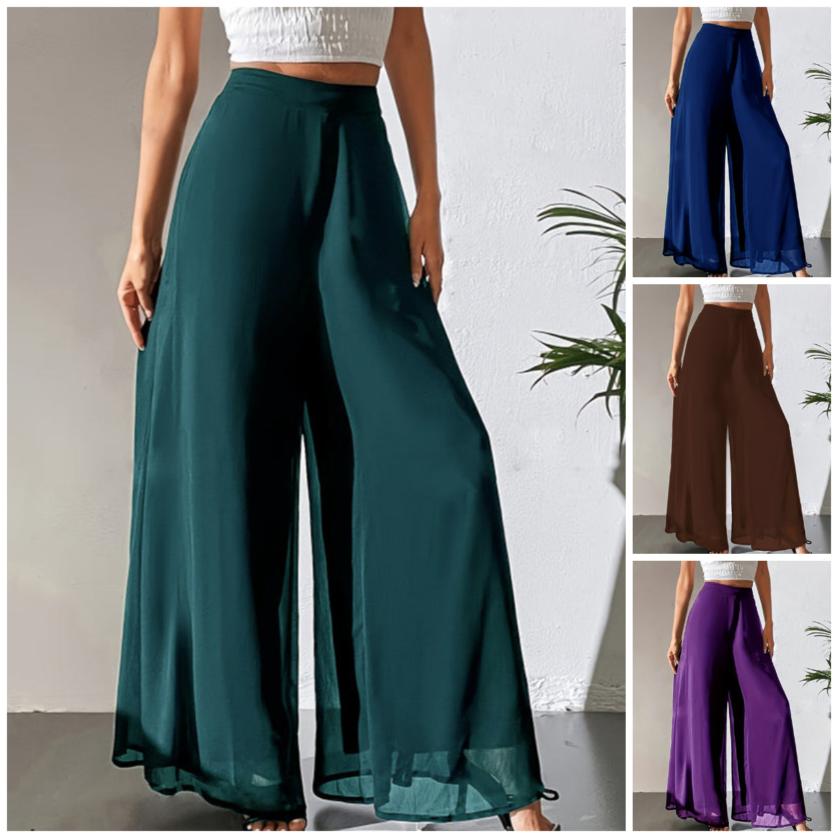Pantaloni pentru femei cu croi larg, din șifon ușor-2