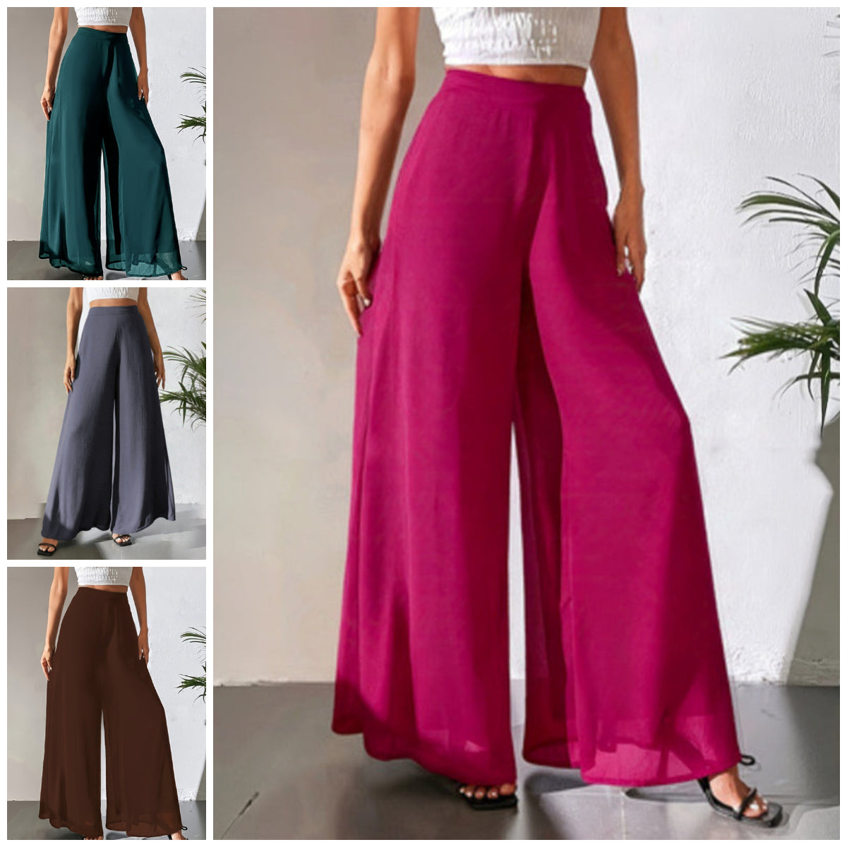 Pantaloni pentru femei cu croi larg, din șifon ușor-1