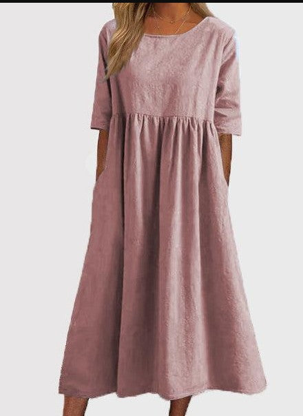 【S-5XL】👗Rochie din bumbac cu decolteu rotund și buzunare-10