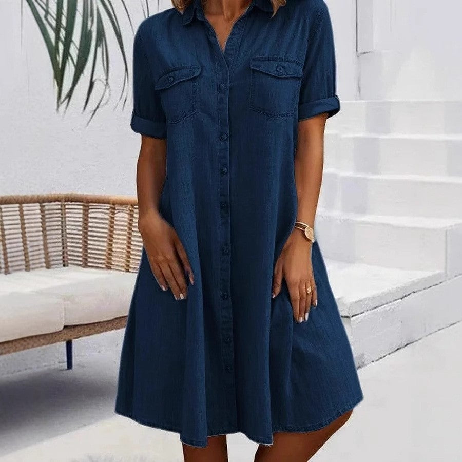 ⏳Rochie mini din denim albastră simplă, cu guler și tiv dantelă-2