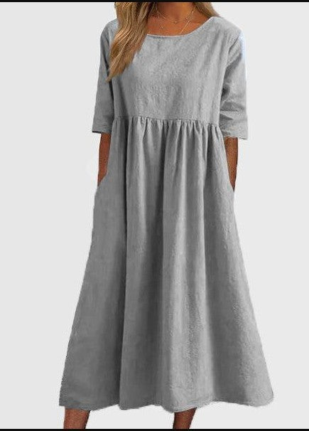 【S-5XL】👗Rochie din bumbac cu decolteu rotund și buzunare-9