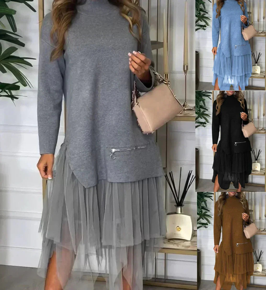 💖 Rochie patchwork tricotată de culoare solidă pentru femei-6