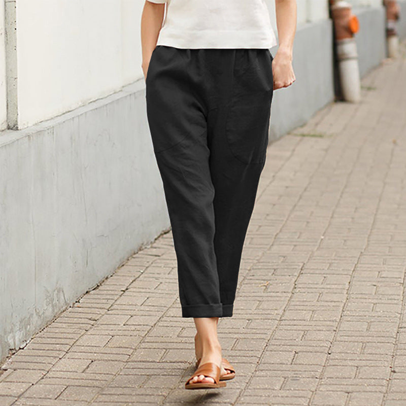 🌷【S-5XL】🥰Pantaloni largi din bumbac și in pentru femei în mărimi mari💖-2