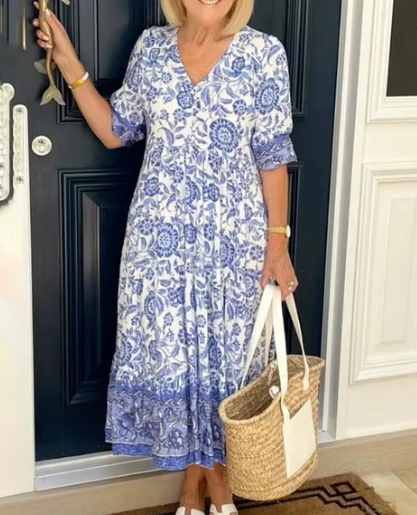 【M-5XL】🌺Rochie imprimată cu decolteu în V, elegantă și stilată-3