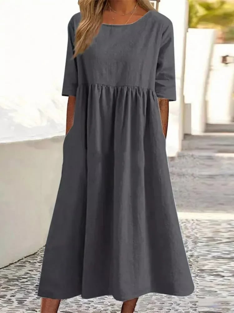【S-5XL】👗Rochie din bumbac cu decolteu rotund și buzunare-3