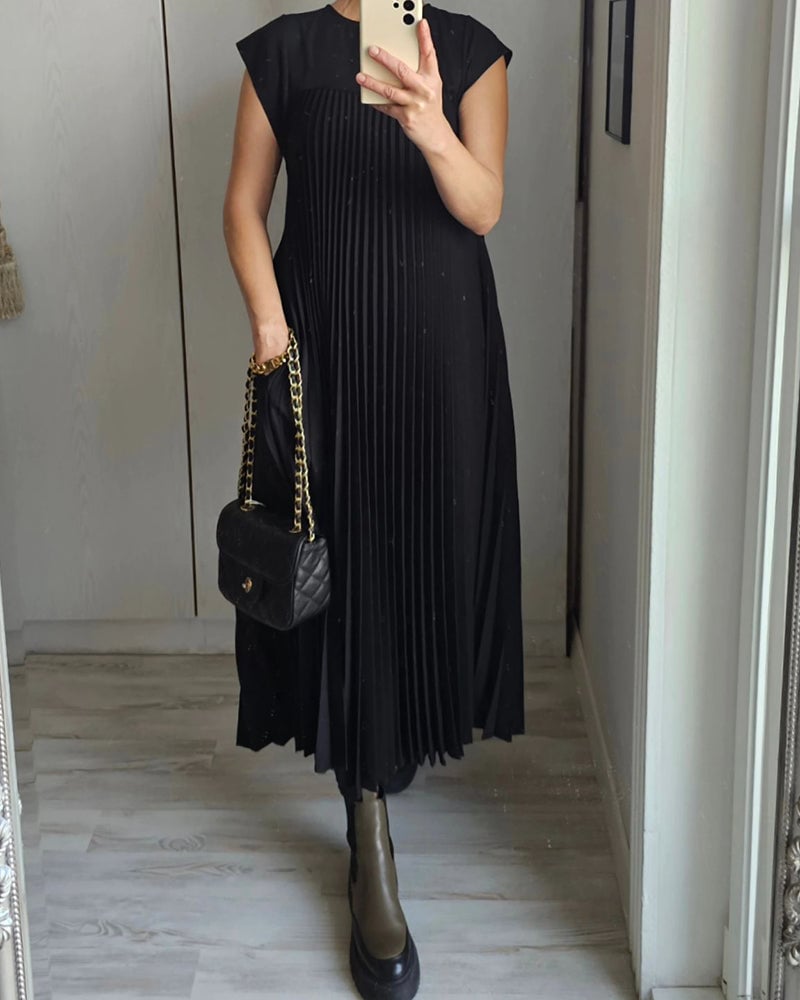 Femeile plisate rochie simplă de culoare solidă-9