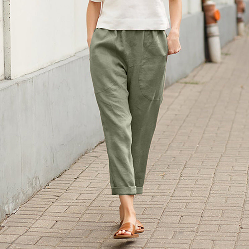 🌷【S-5XL】🥰Pantaloni largi din bumbac și in pentru femei în mărimi mari💖-6