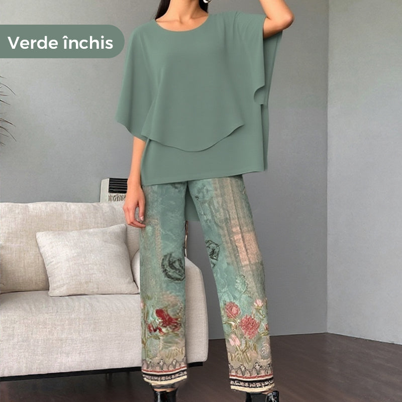 💖Set pantaloni imprimați și top cu gât rotund pentru femei-17