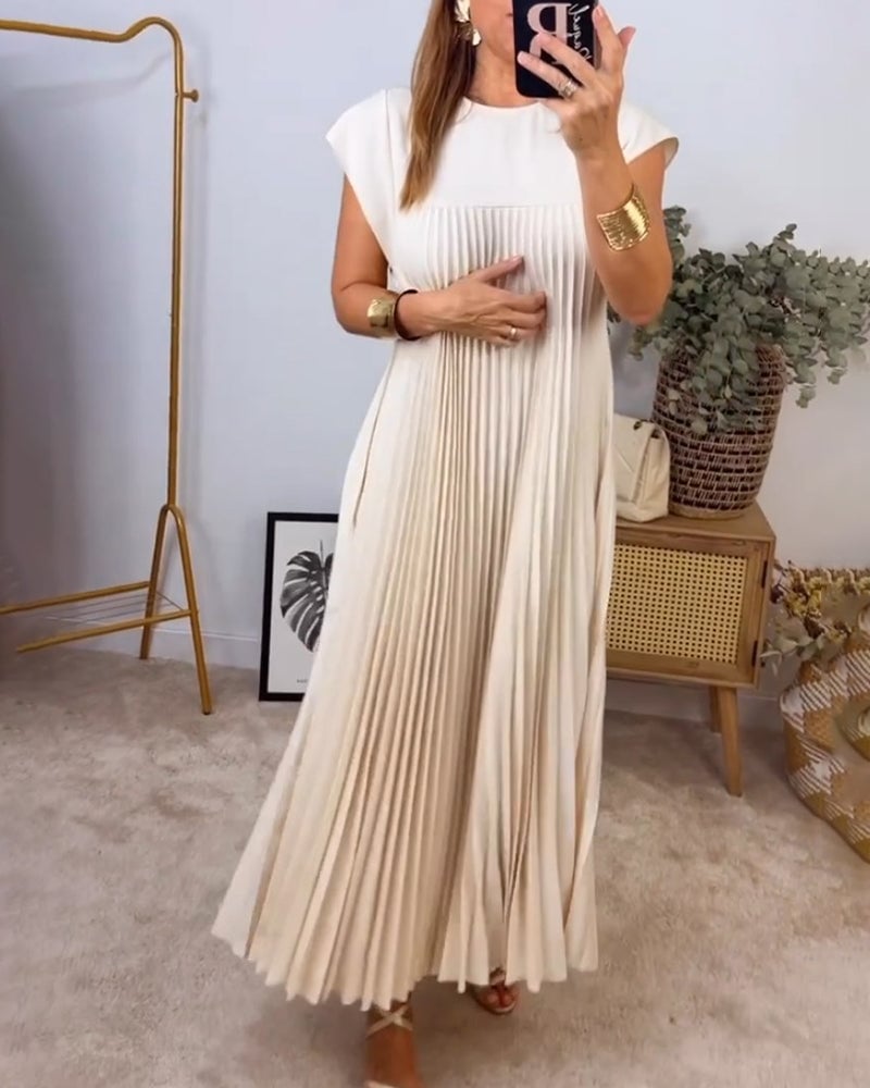 Femeile plisate rochie simplă de culoare solidă-4