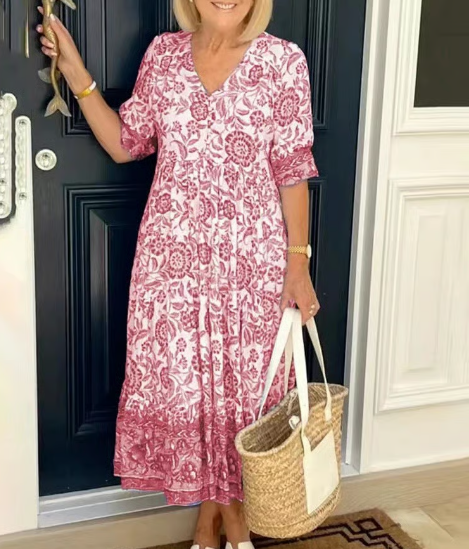 【M-5XL】🌺Rochie imprimată cu decolteu în V, elegantă și stilată-6