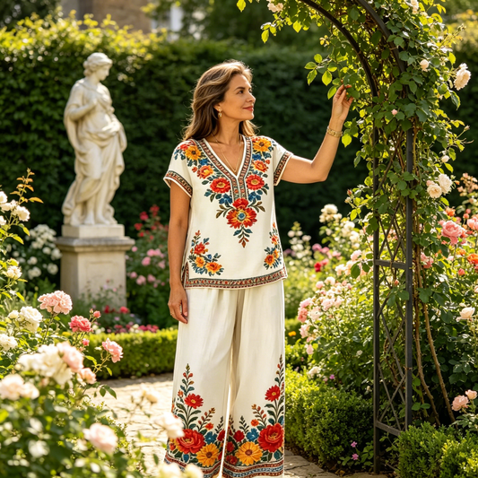 Set din două piese pentru femei: bluză cu imprimeu și pantaloni