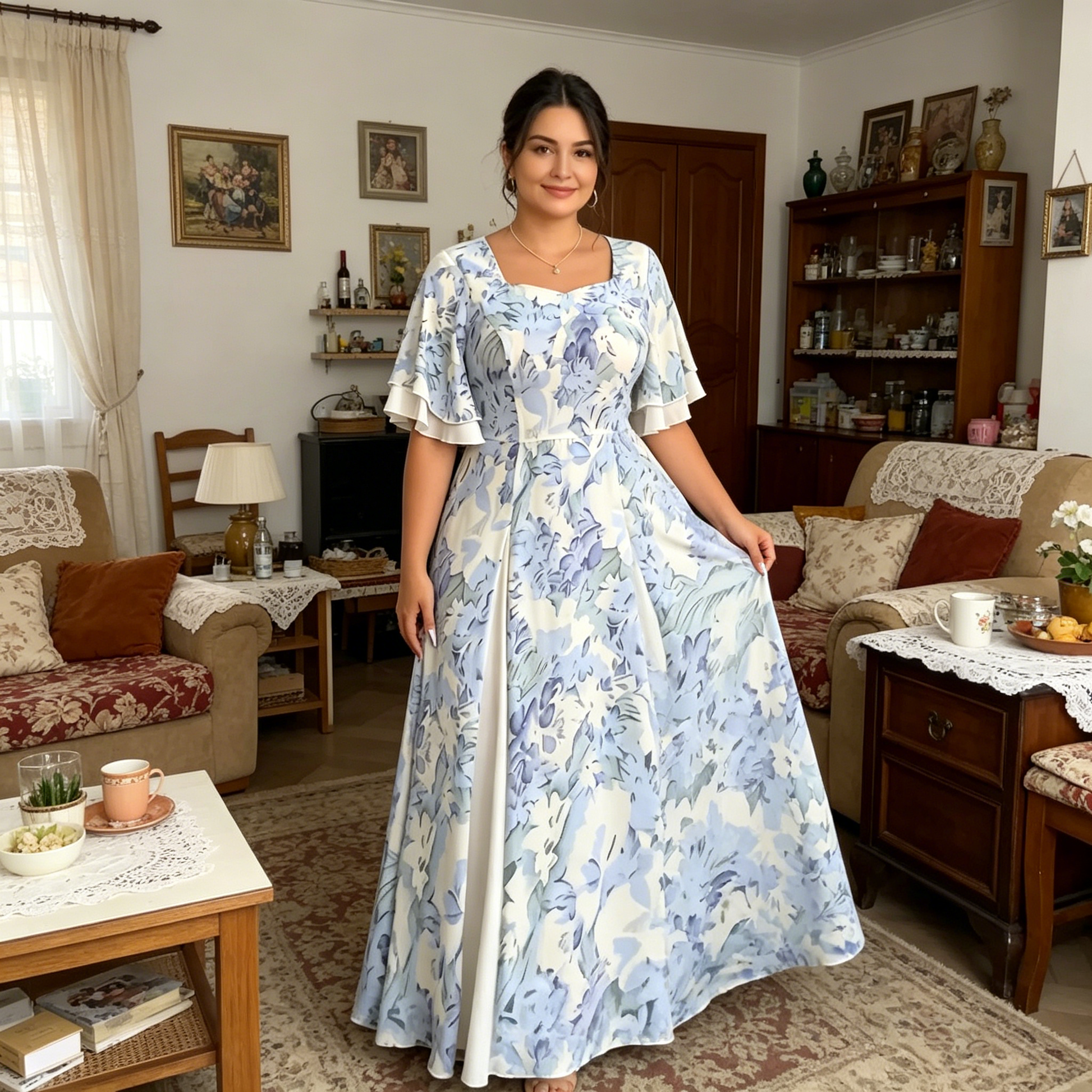 🌷Ofertă limitată în timp👗Rochie cu mâneci cu volane și croi evazat, cu un aspect eteric-2