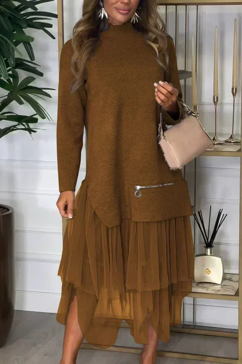 💖 Rochie patchwork tricotată de culoare solidă pentru femei-8