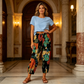 Pantaloni jogger cu talie înaltă, model floral vintage