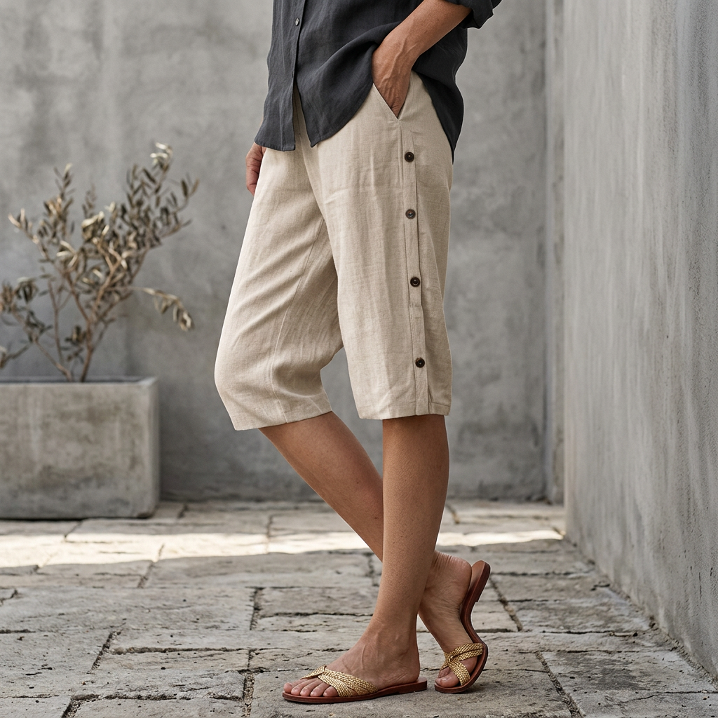 Pantaloni scurți casual din bumbac și in pentru femei-2