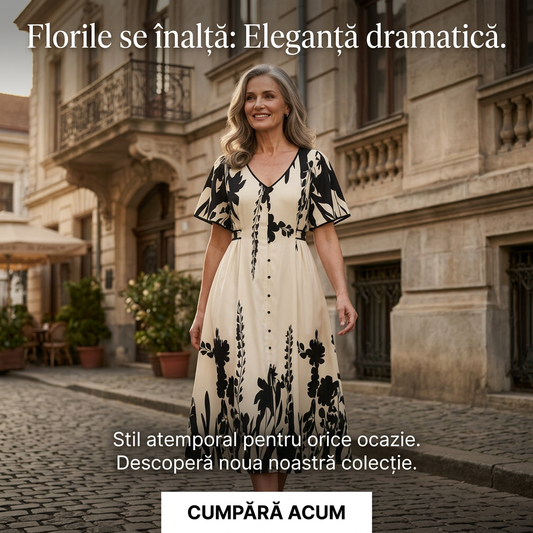 🌹🦋Rochie midi elegantă cu decolteu în V și imprimeu botanic✨