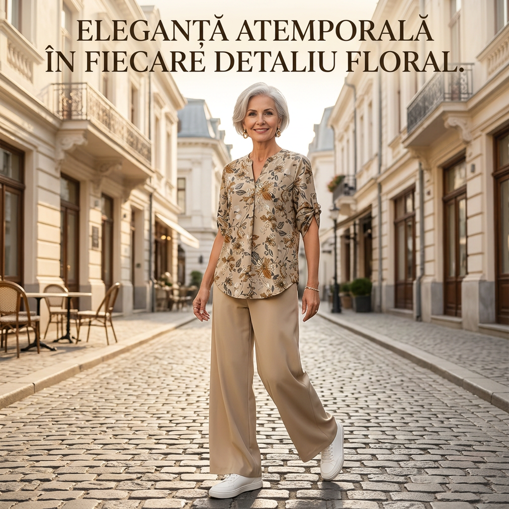 Set de bluză florală și pantaloni largi pentru femei, în 2 piese