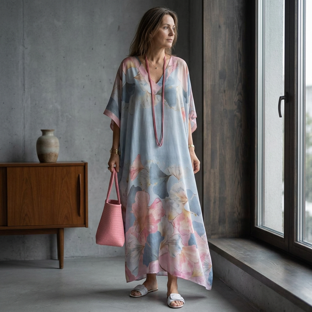 Rochie lungă lejeră cu mâneci pe jumătate cu imprimeu floral-3
