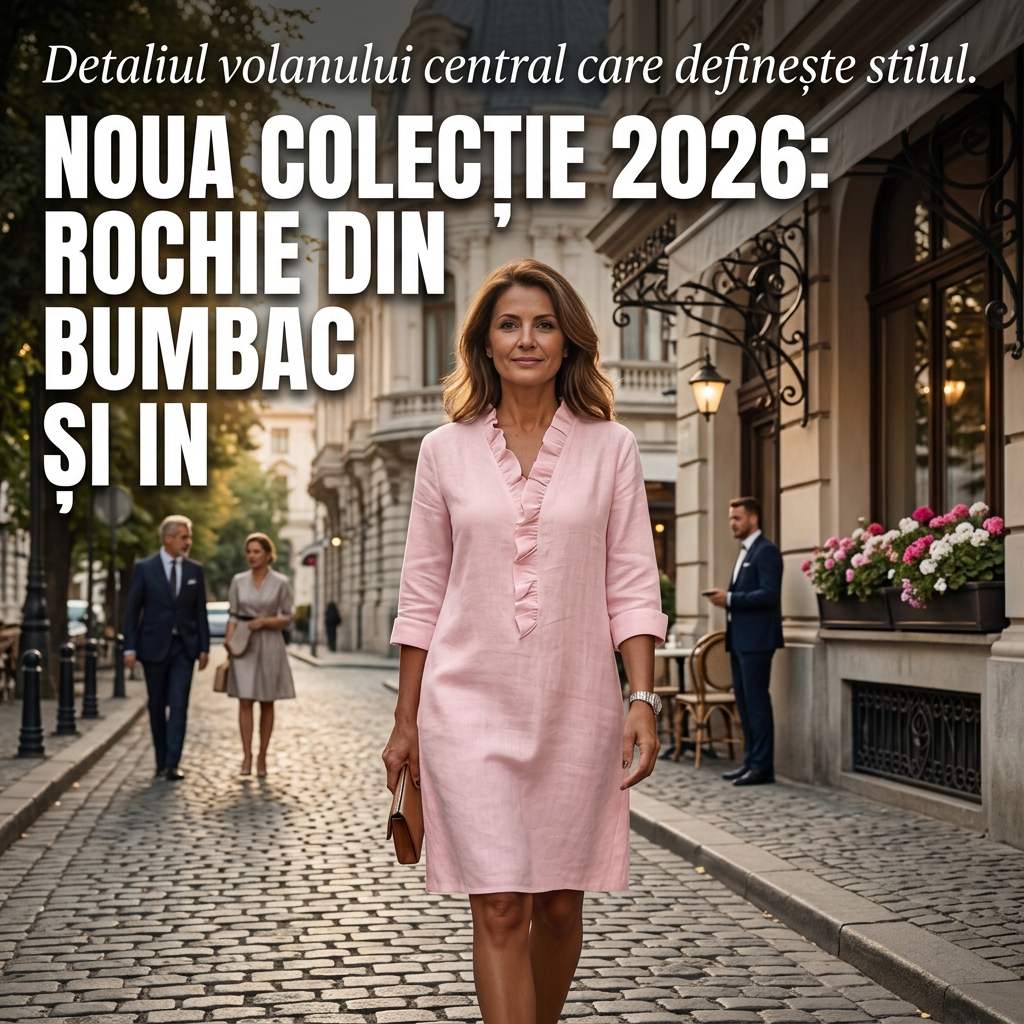 Rochie-cămașă din in cu decolteu în V și volane pentru femei