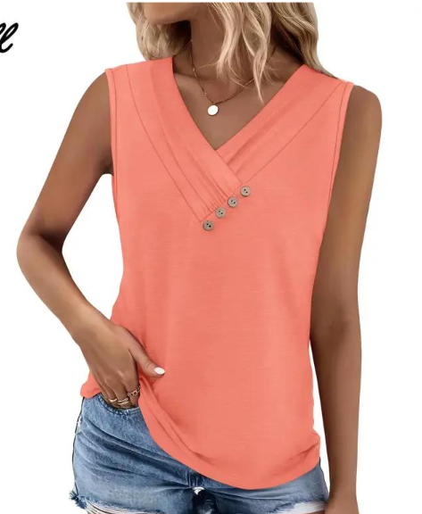 💐 Tricou larg fără mâneci, cu guler în V, pentru femei-10