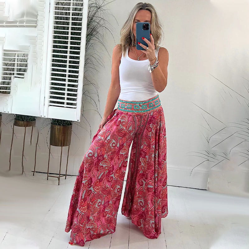 💕Pantaloni cu talie elastică cu model etnic🌸