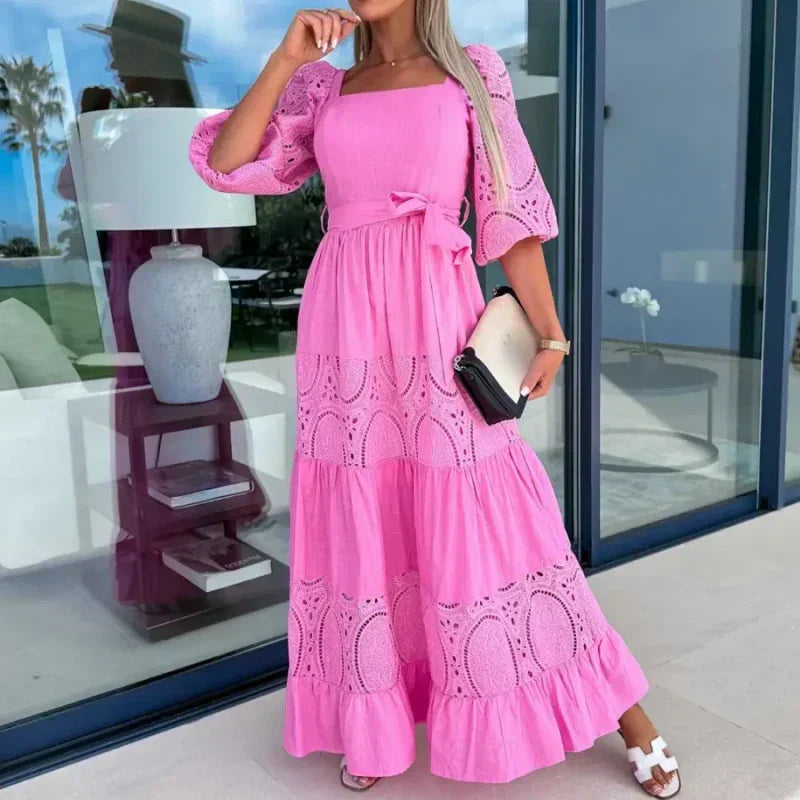 👗 Femei Fashion Patchwork dantelă-up pătrat gât lung rochie lungă Femei-1