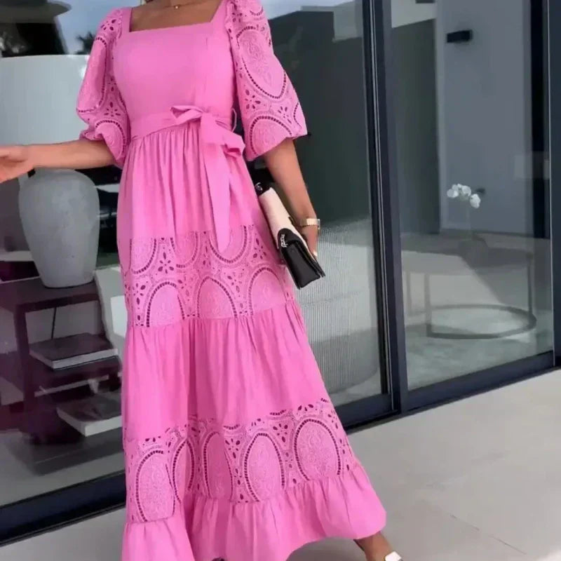 👗 Femei Fashion Patchwork dantelă-up pătrat gât lung rochie lungă Femei-3