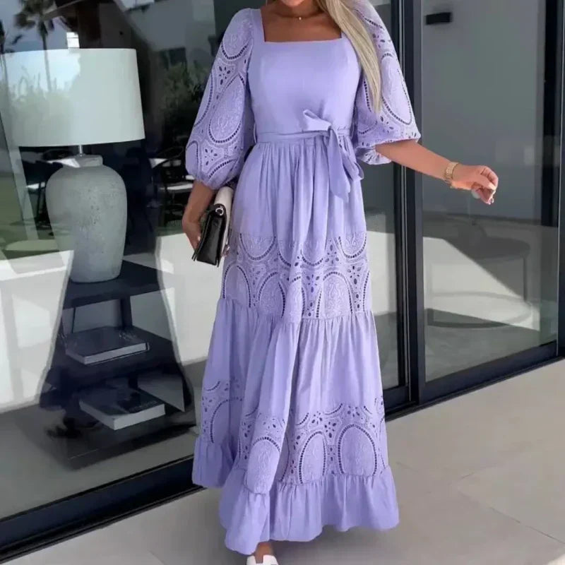 👗 Femei Fashion Patchwork dantelă-up pătrat gât lung rochie lungă Femei-6