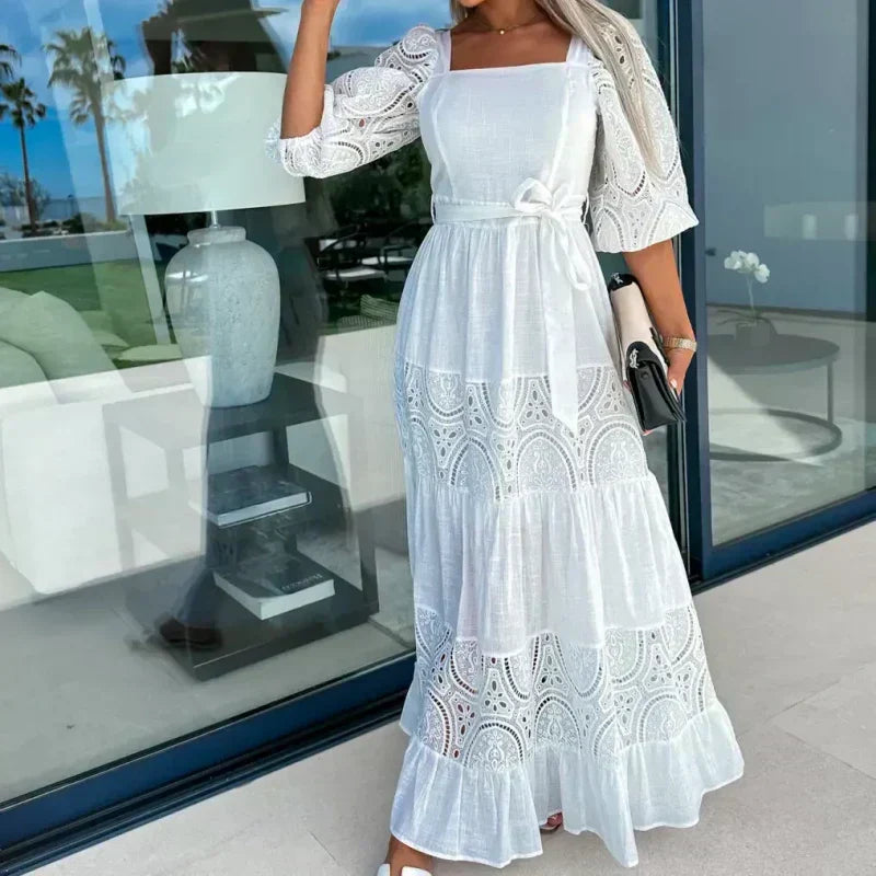 👗 Femei Fashion Patchwork dantelă-up pătrat gât lung rochie lungă Femei-4