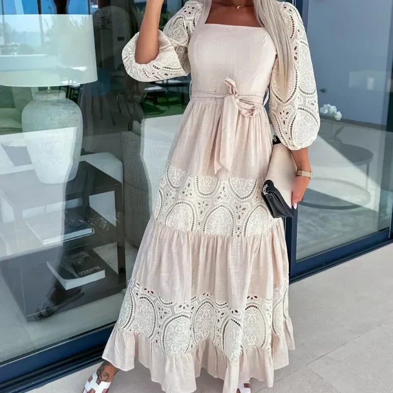 👗 Femei Fashion Patchwork dantelă-up pătrat gât lung rochie lungă Femei-5