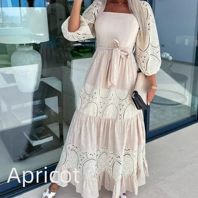 👗 Femei Fashion Patchwork dantelă-up pătrat gât lung rochie lungă Femei-9
