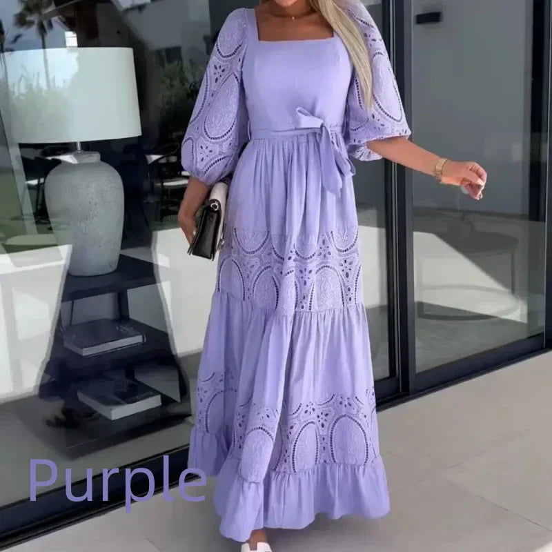 👗 Femei Fashion Patchwork dantelă-up pătrat gât lung rochie lungă Femei-10