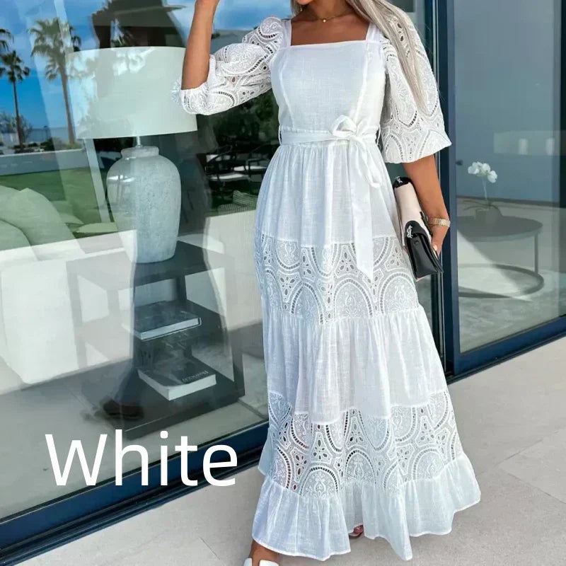 👗 Femei Fashion Patchwork dantelă-up pătrat gât lung rochie lungă Femei-8