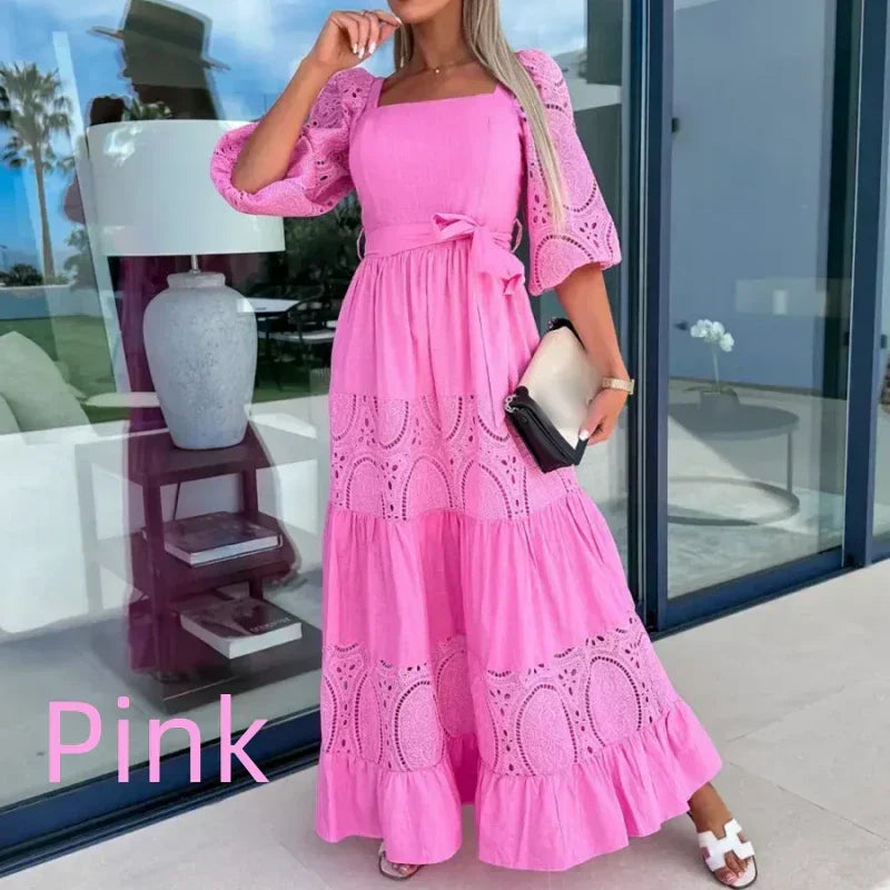 👗 Femei Fashion Patchwork dantelă-up pătrat gât lung rochie lungă Femei-11