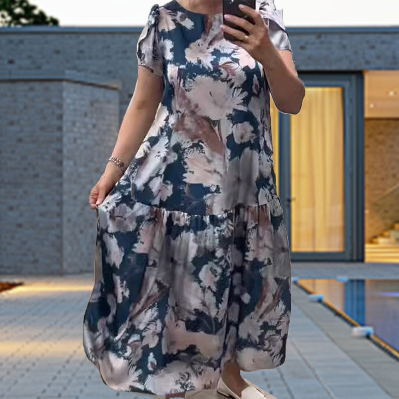 🌸Rochie florală cu mânecă scurtă, cu gât rotund, lejeră💃-1