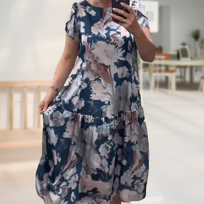 🌸Rochie florală cu mânecă scurtă, cu gât rotund, lejeră💃-4
