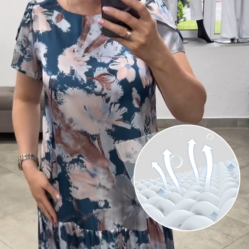 🌸Rochie florală cu mânecă scurtă, cu gât rotund, lejeră💃-6